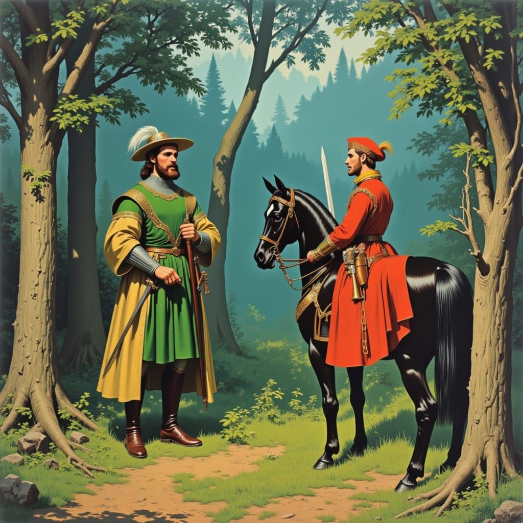King and Knight in 1970s Medieval Forest Illustration