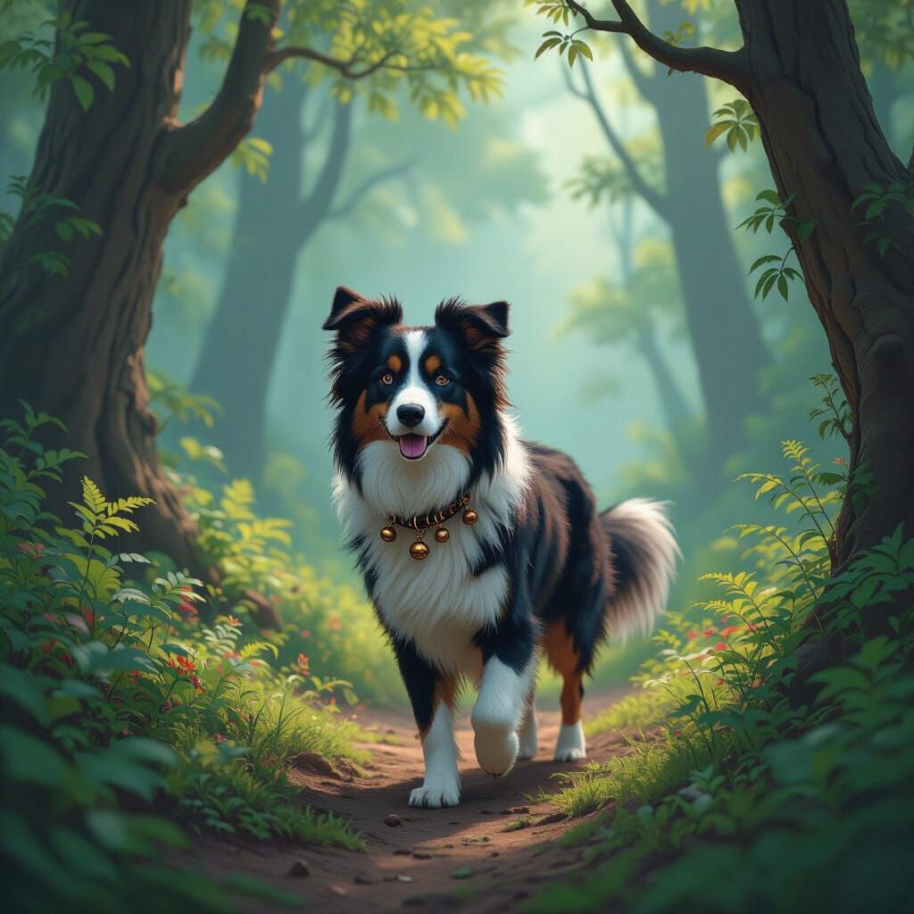 Border Collie in Mystical Forest, Detailed Matte Painting