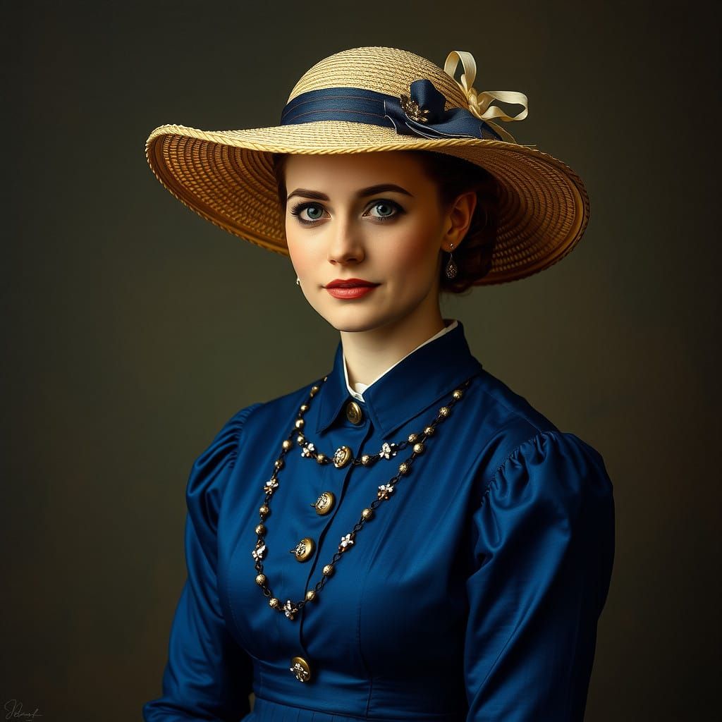 Elegant Victorian Lady in Blue Dress and Hat
