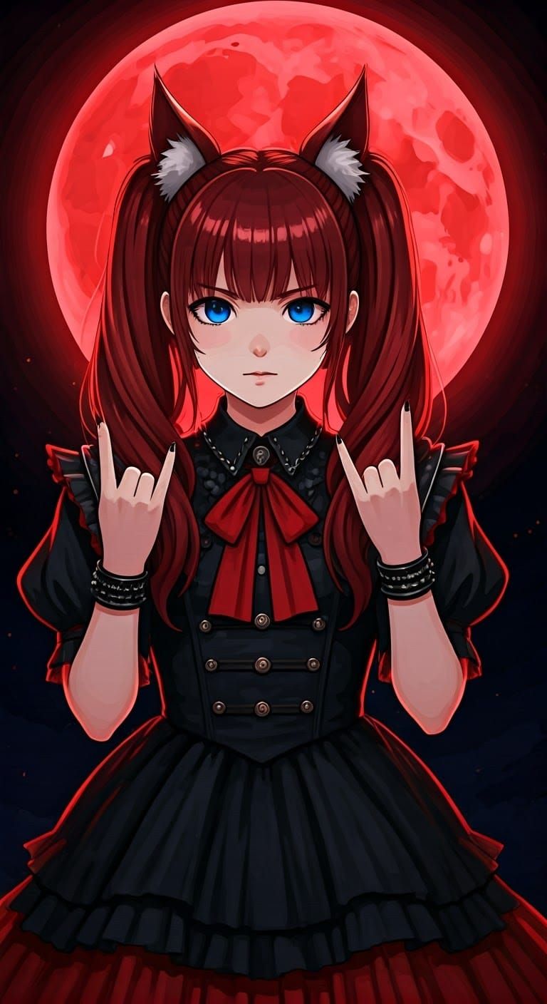 Kitsune Girl in Gothic Lolita Dress, Anime Style