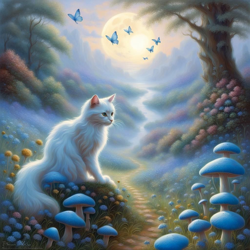 Blue Fantasy Field with White Cat