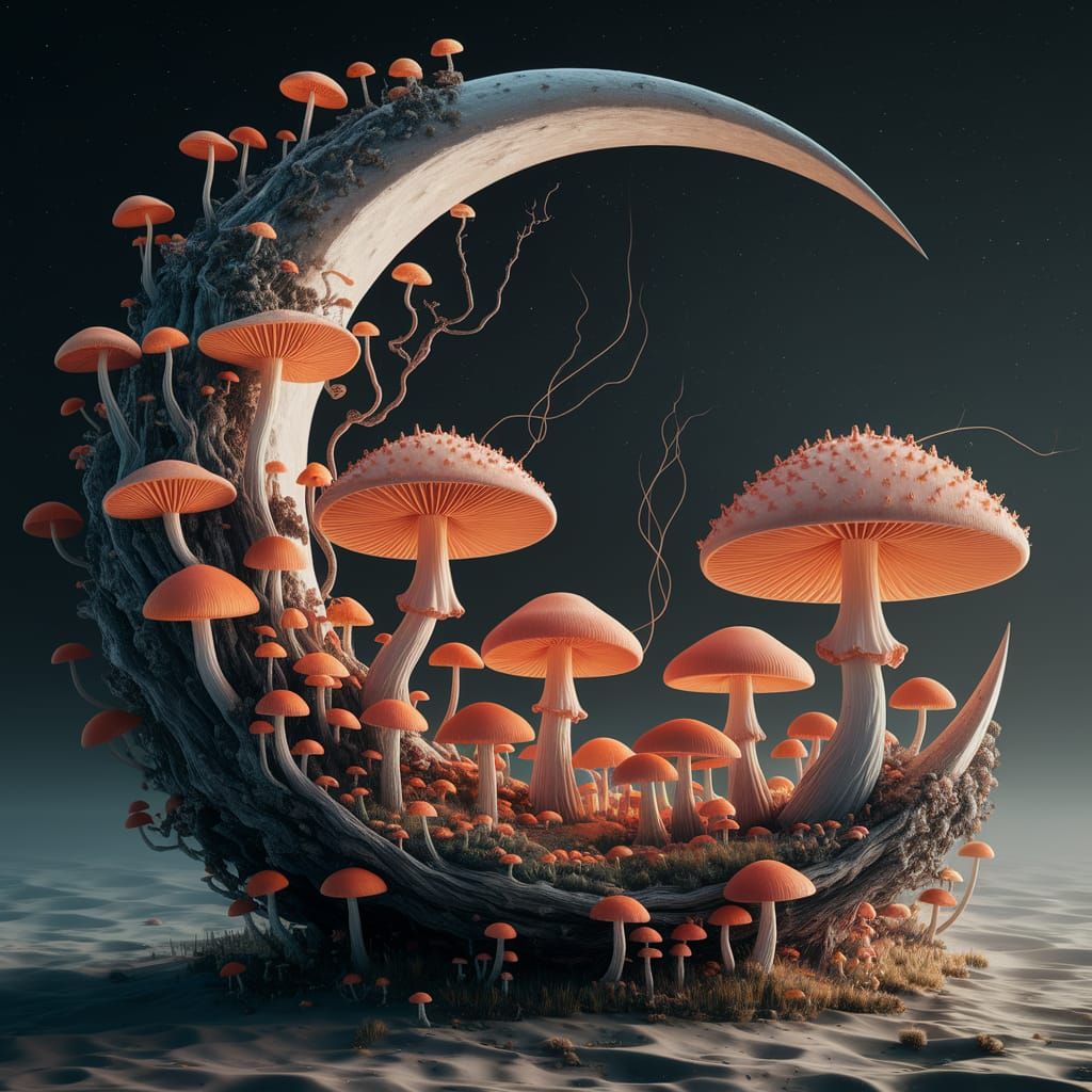 Surreal Mushroom Garden Blooms on Crescent Moon