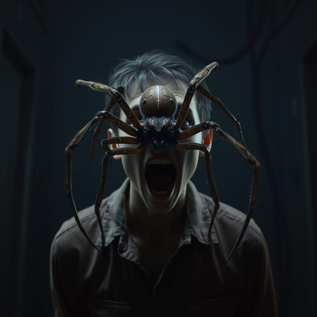 Gigantic Spider Crawls on Terrified Person's Face in Dark Ee...