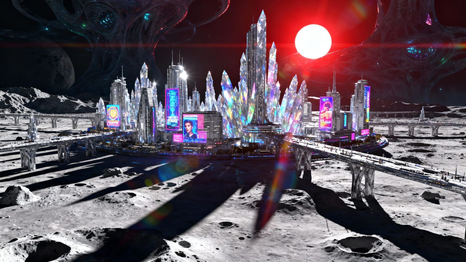 Futuristic Moon Metropolis Under Giant Red Sun