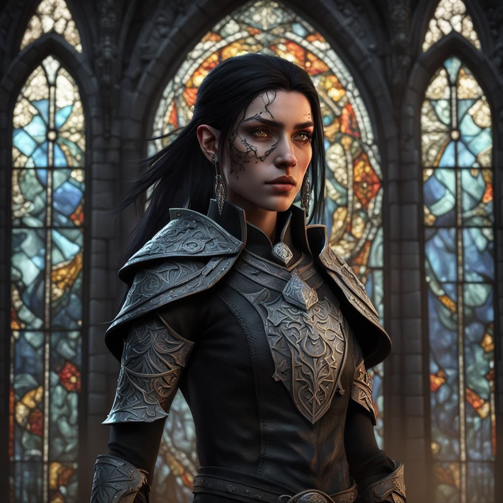Dark Elf Warrior with Stained Glass, Hyperdetailed Art