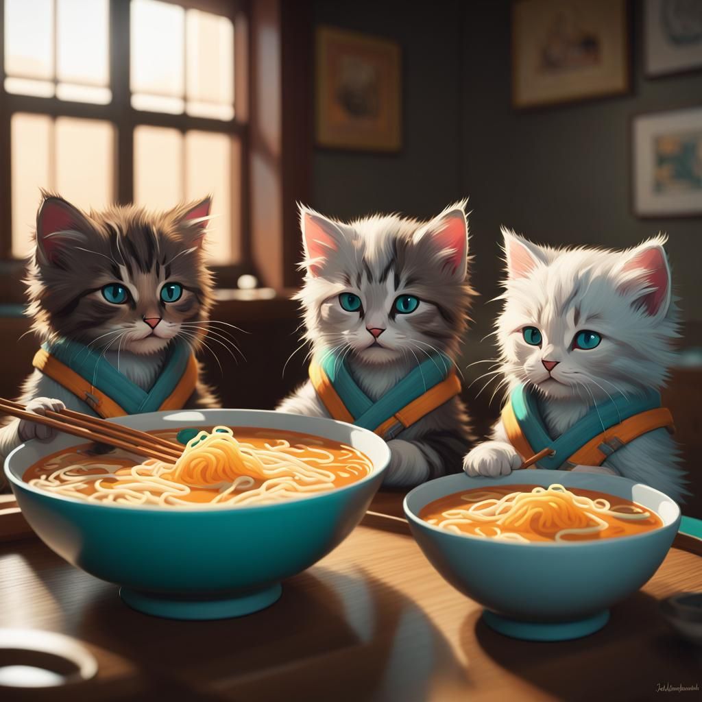 3 kittens eating ramen and miso