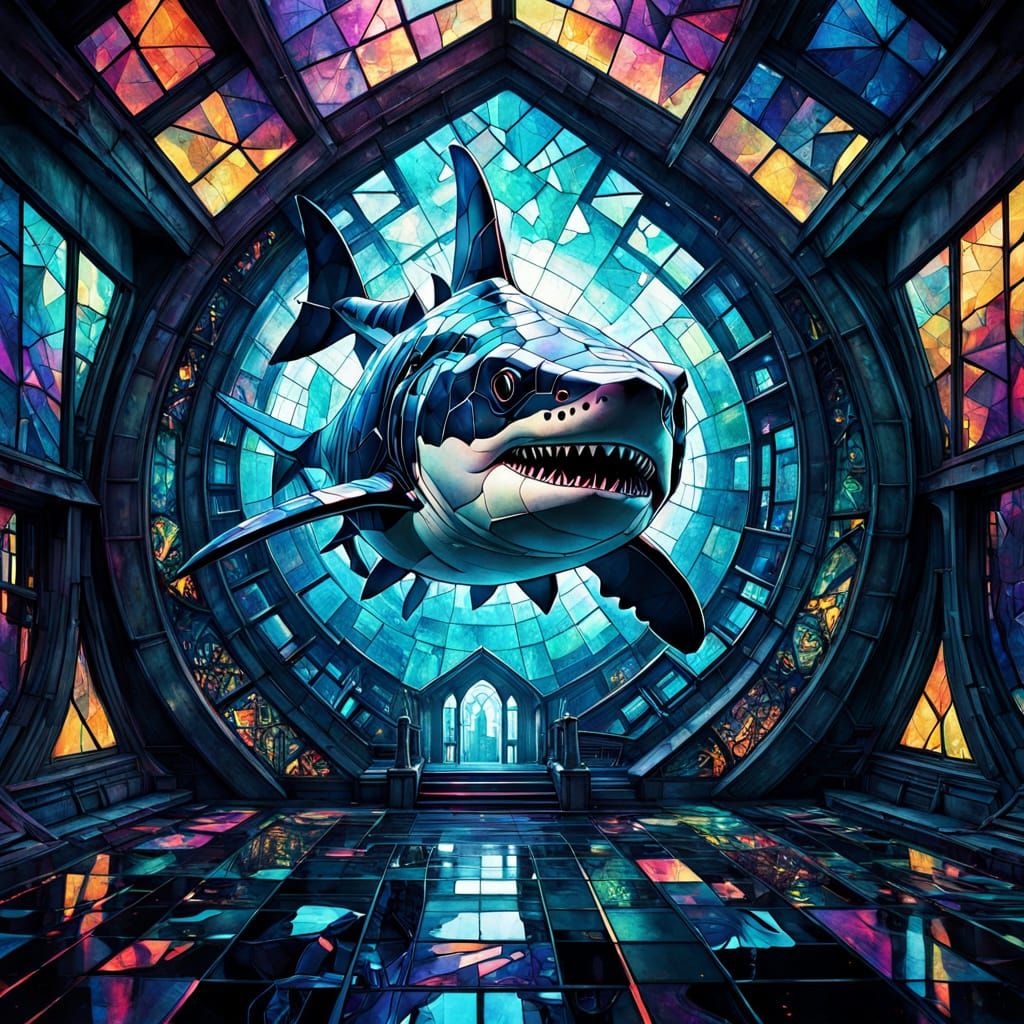 Cyberpunk Shark in Swirling Geometric Patterns
