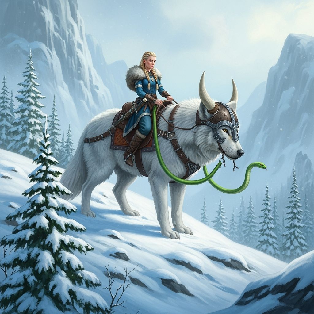 Viking Woman Rides Giant Wolf in Winter Forest