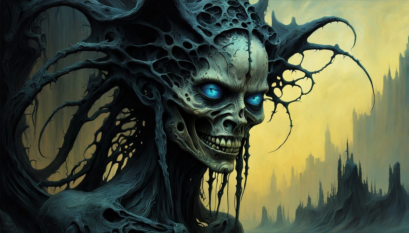 Demonic Face in Dark Realm: Surreal Oil Painting