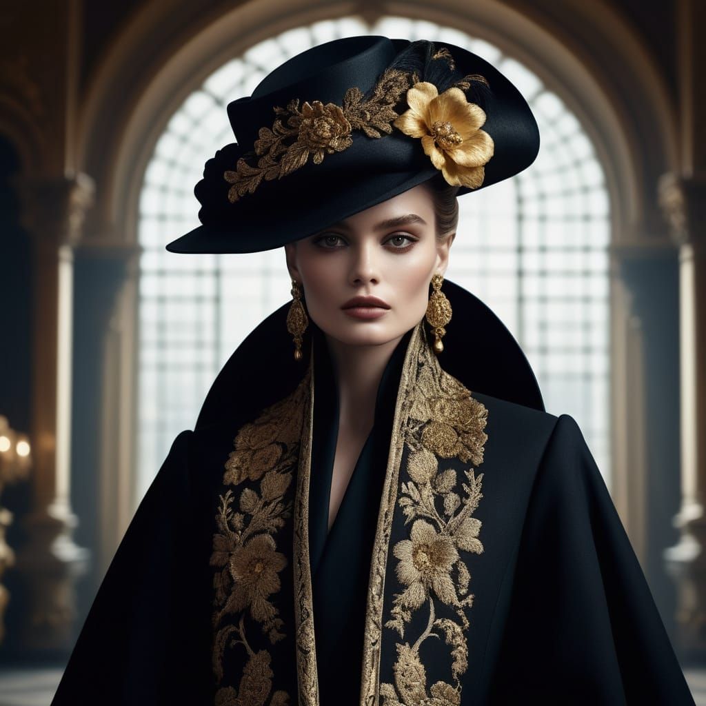 Regal Figure in Opulent Black and Gold Fashion