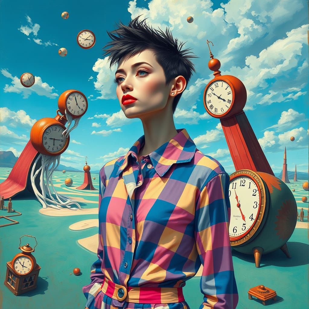 Surreal Gingham Goddess in Dreamlike Landscape