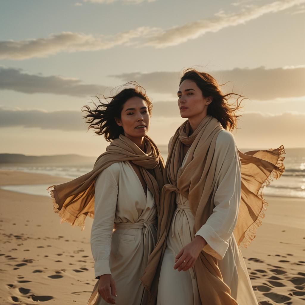 Women Embrace on a Beach in Golden Light