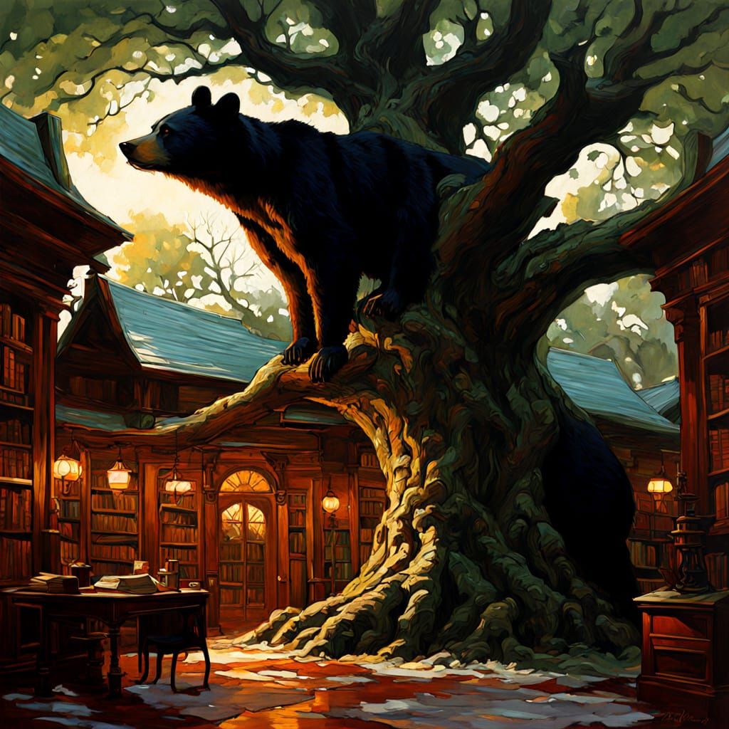 Steampunk Oak Tree Library with Reading Bear