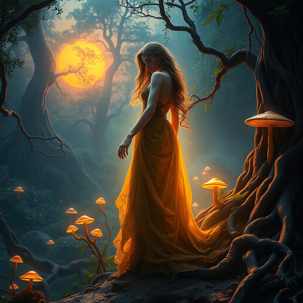 Ethereal Woman in Vibrant Forest at Sunset