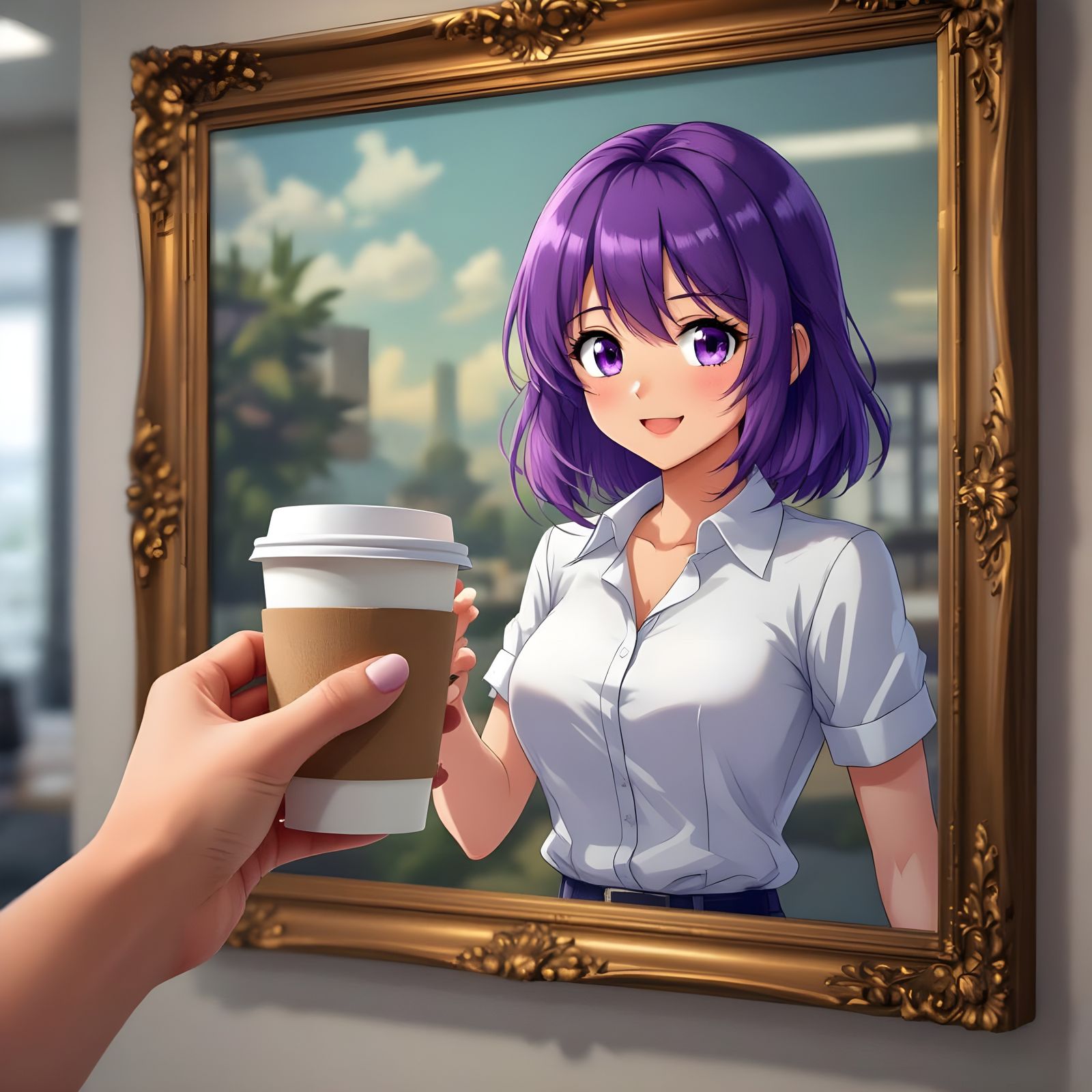 Anime Girl Emerges From Portrait To Take Coffee