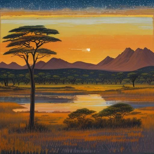 Serengeti Giraffes at Sunset in Impasto Painting Style