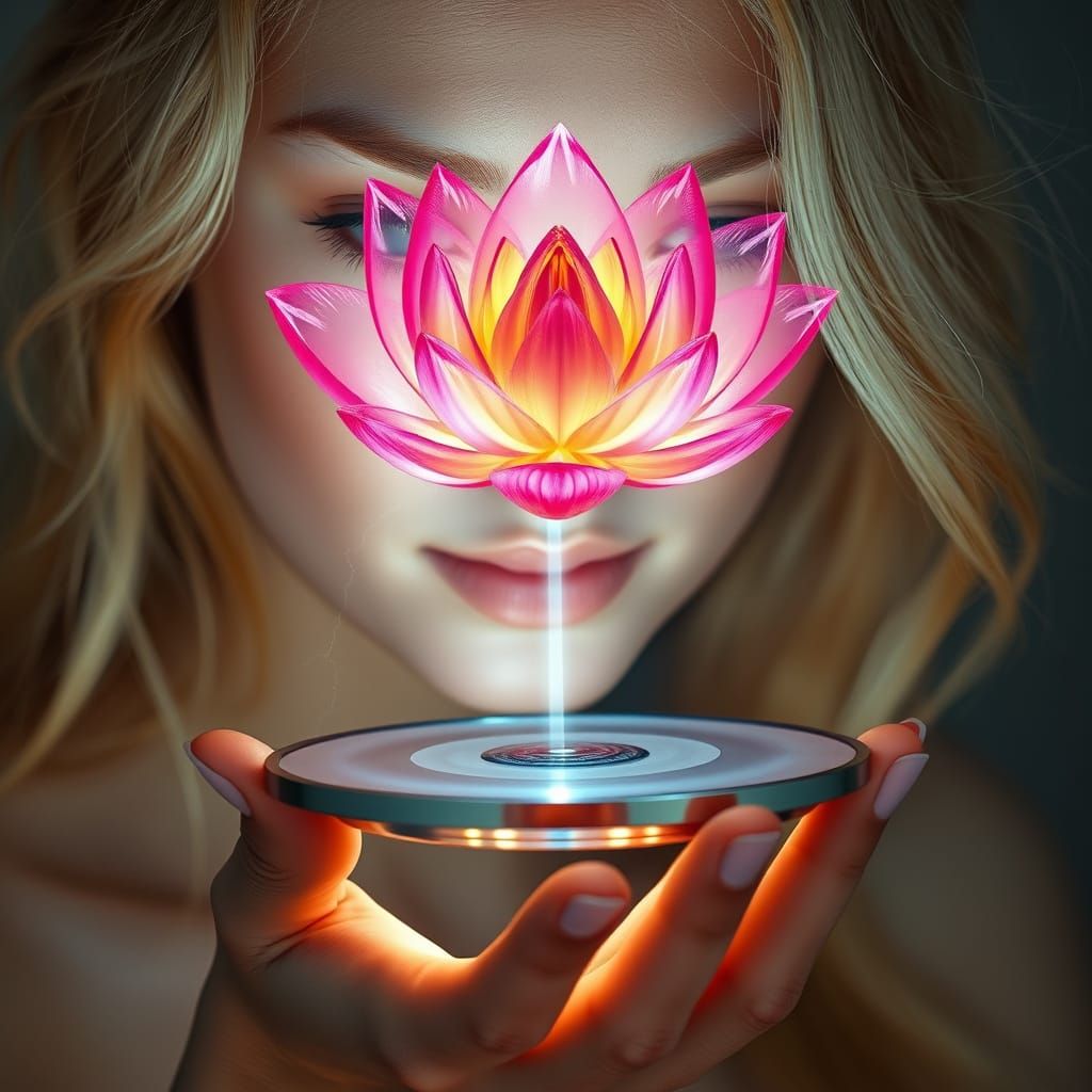 Serene Blonde Woman Gazing at Holographic Lotus Flower in Cy...