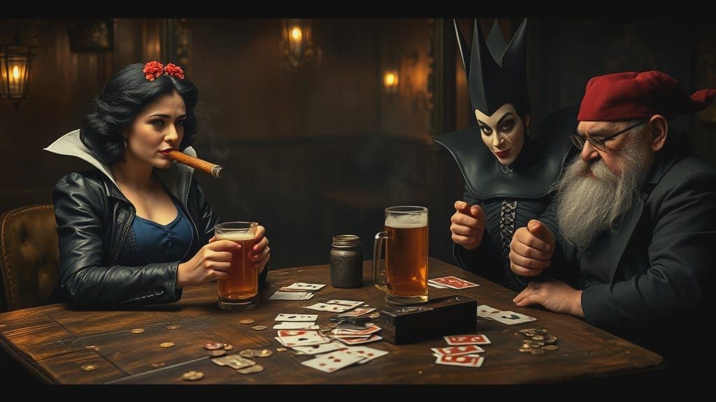 Dark Disney Tavern Scene with Grumpy Snow White and the Evil...