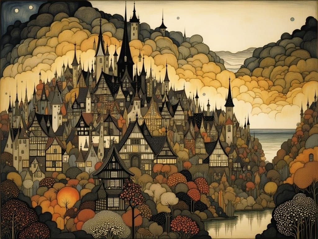 Enchanted Medieval Townscape in Deep, Mystical Colors