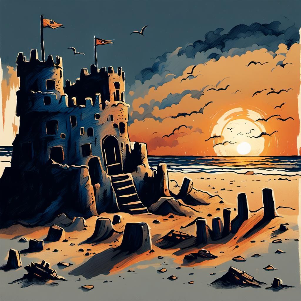 Eerie Sandcastle Sunset in Surreal Horror Style