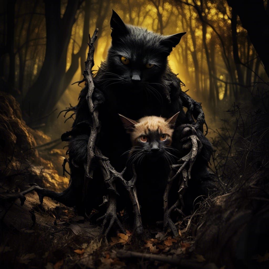 Demonic Creature Holds Black Cat in Dark Woods