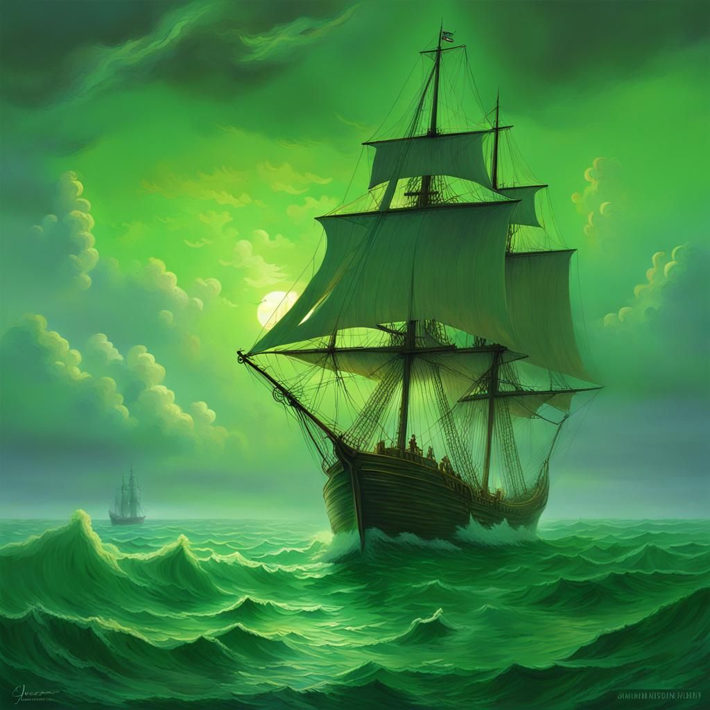 Ghost Ship Sailing Through Luminous Green Clouds