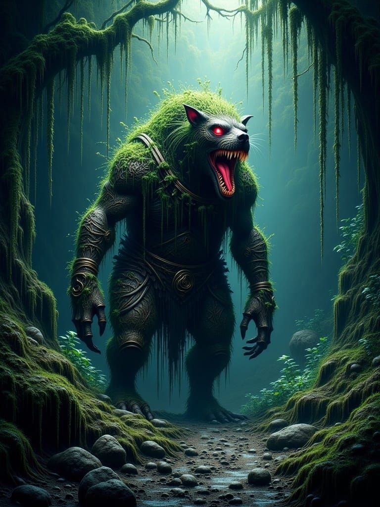 Caipora Cultist in Rainforest Cave, Hyperrealistic Digital A...