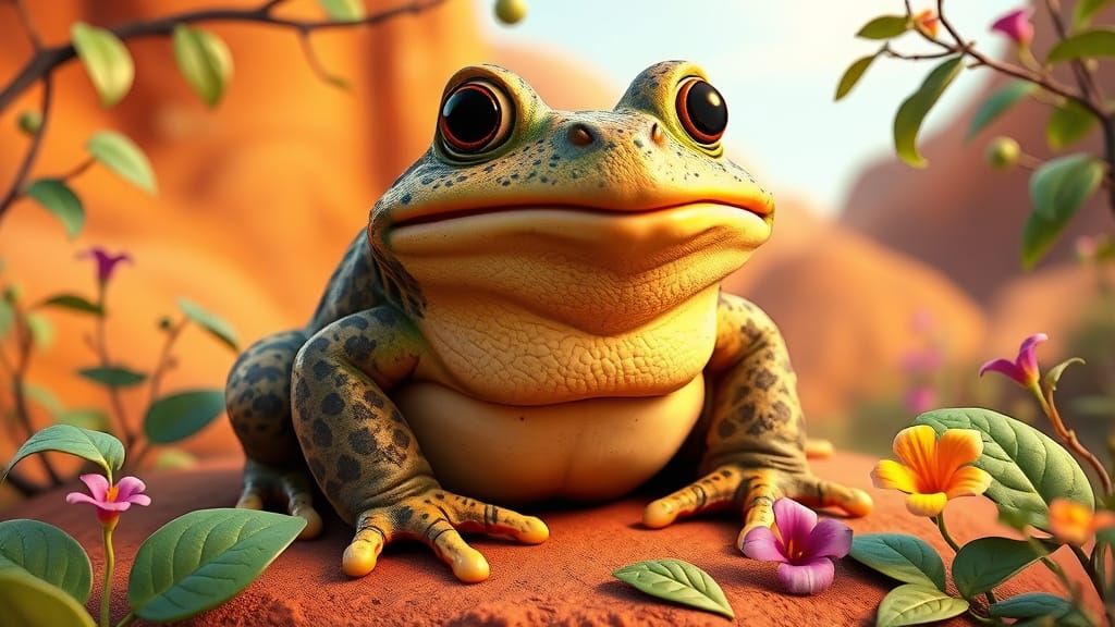 Whimsical 3D Animated Cane Toad in Vibrant Australian Outbac...