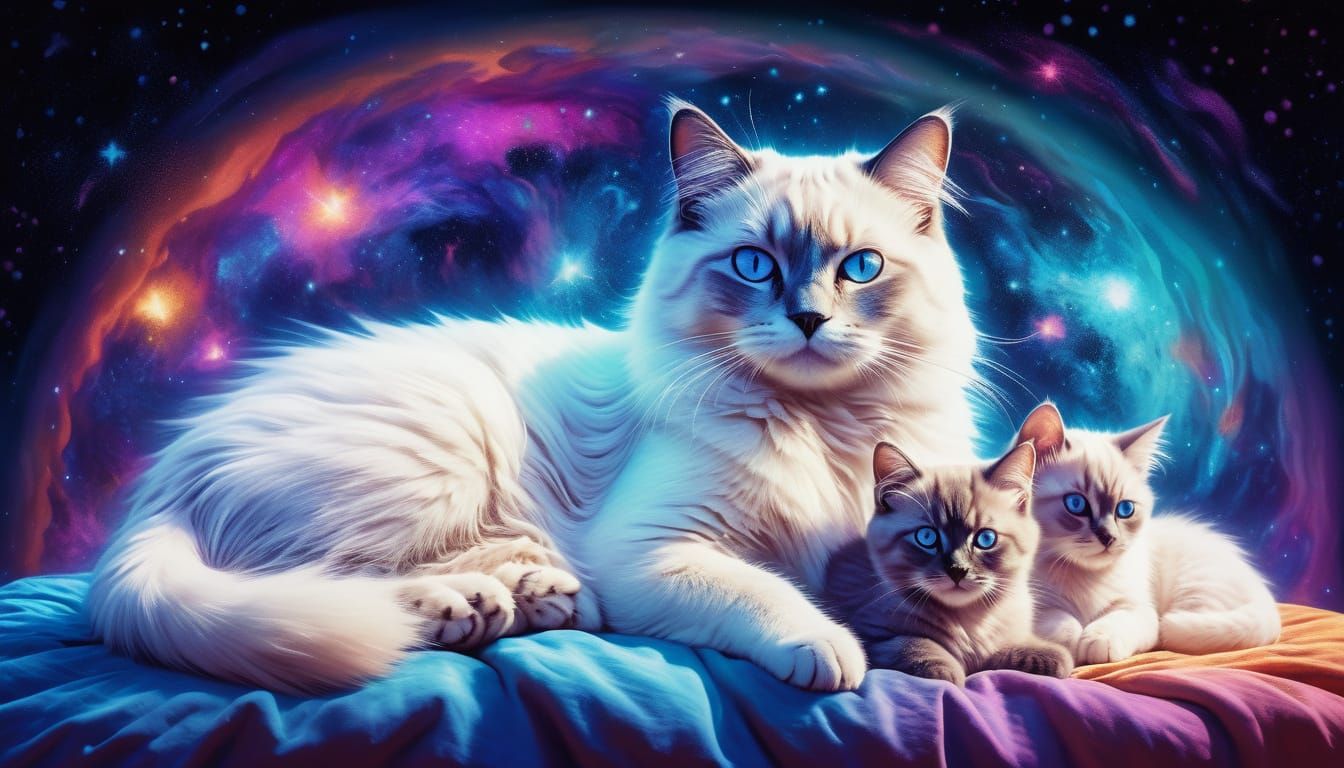 Birman Cat with Kittens in Cosmic Surrealism