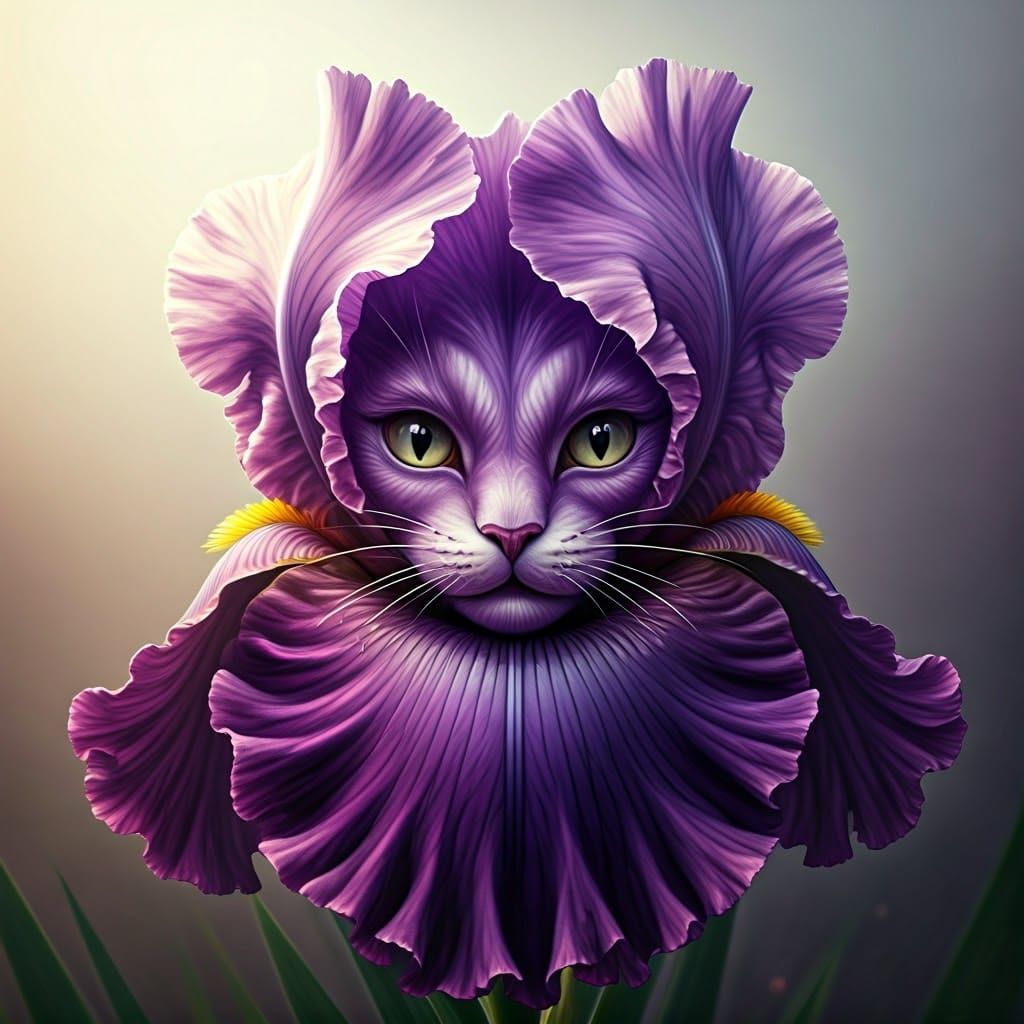 Whimsical Purple Iris Blooms with Stylized Cat Face