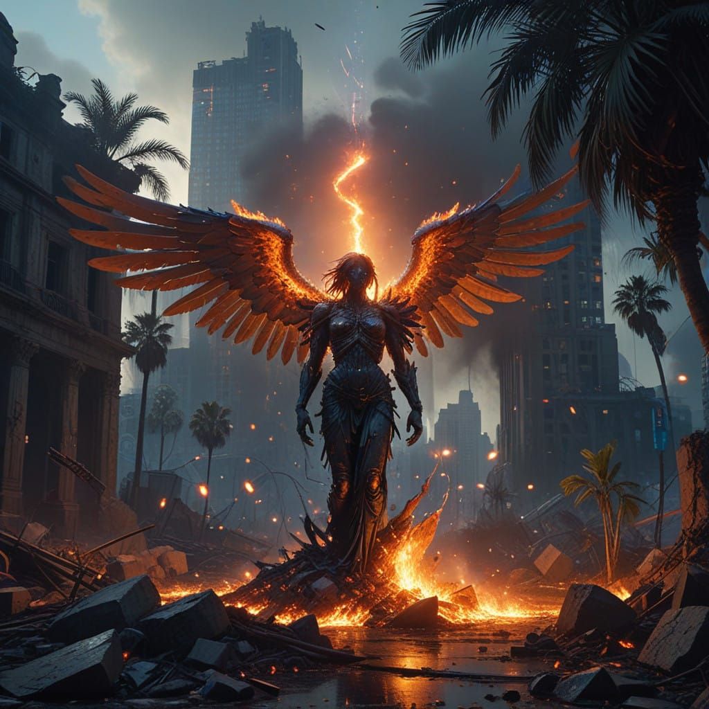 Apocalyptic Cityscape with Burning Angel and Forbidden Fruit