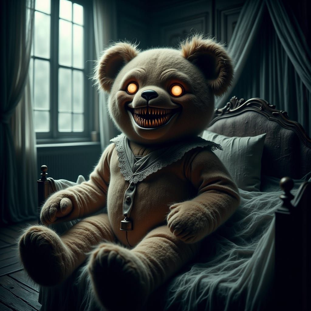 Gothic Teddy Bear in Abandoned Nursery