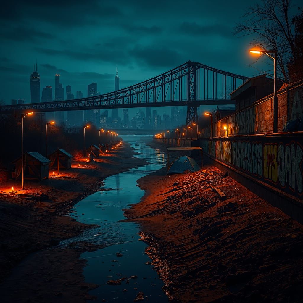Riverbank at Dusk, Graffiti Wall and City Skyline