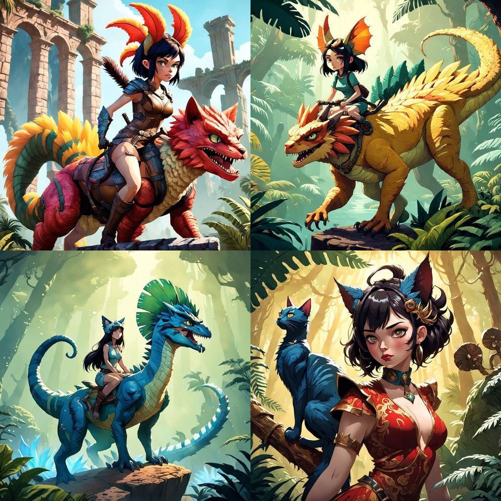 Surreal Fantasy Queen Rides Majestic Dilophosaurus