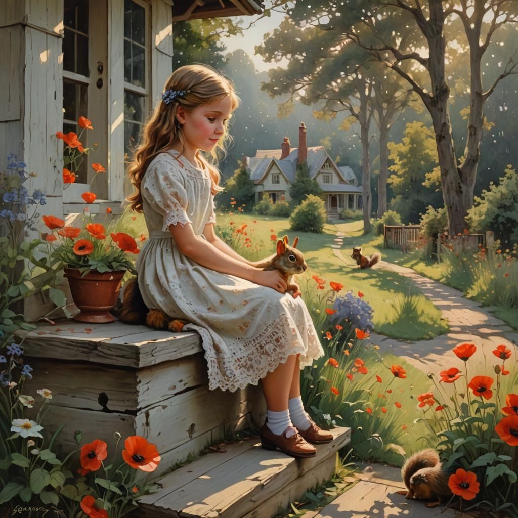 Girl Watching Squirrels: Oil Painting by James Gurney
