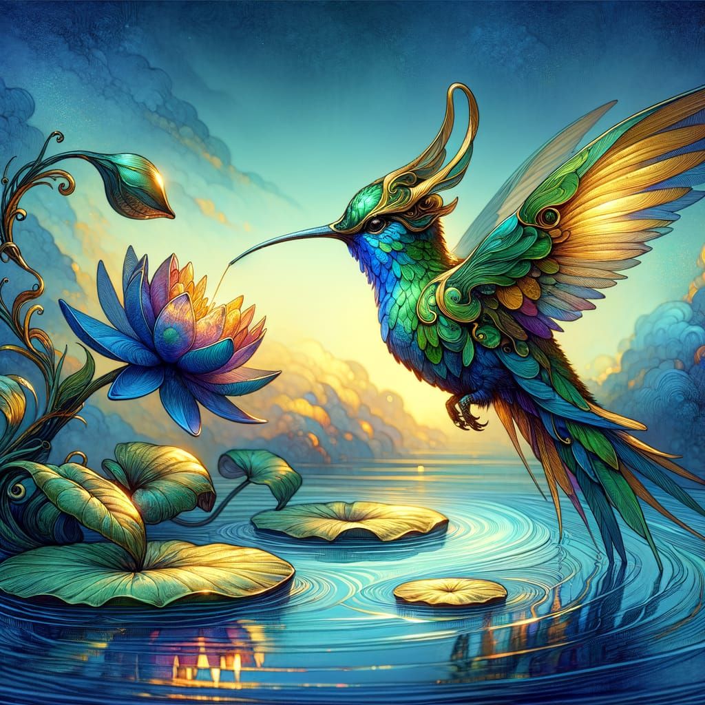 Ornate Mythical Hummingbird Sipping Nectar at Twilight
