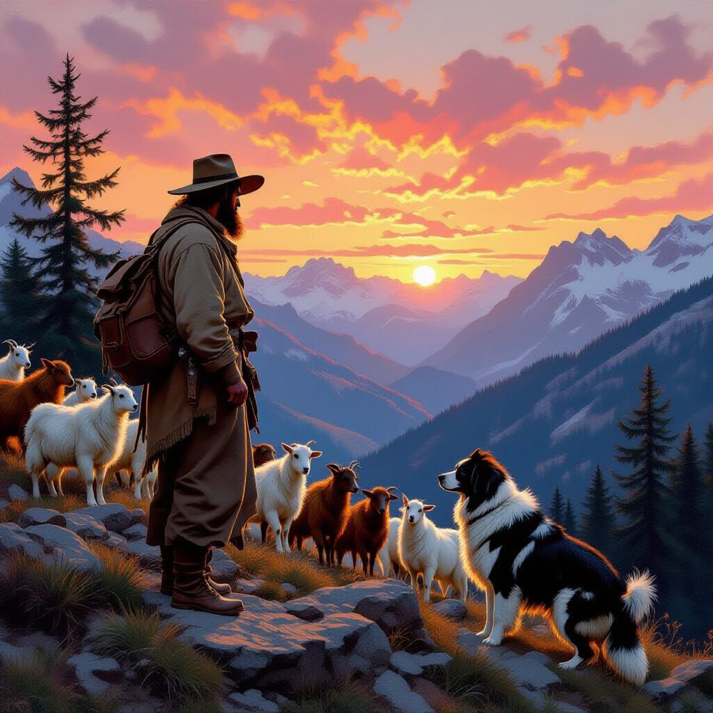 Swiss Shepherd and Wolves at Sunset, Bierstadt Style