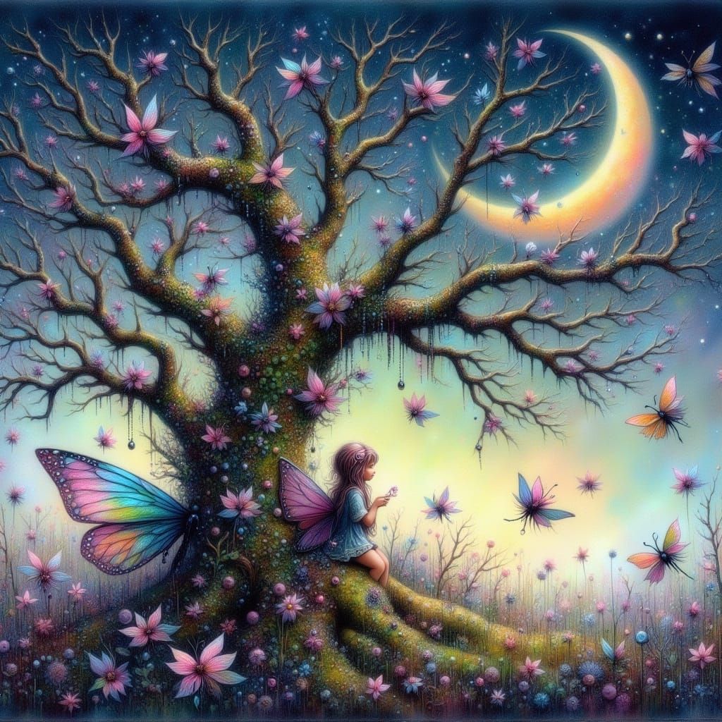 Ancient Oak Tree in Moonlight, Watercolor Style