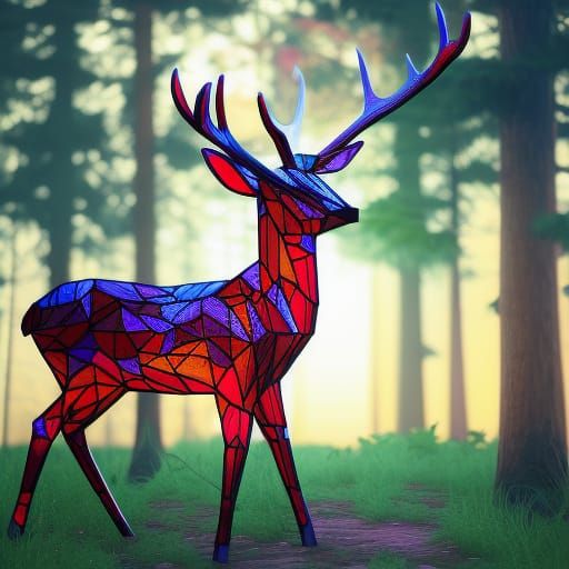 Stained Glass Deer in Realistic Forest