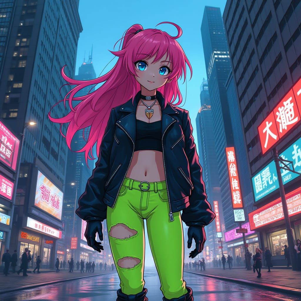 Cyberpunk Anime Goddess in Futuristic Cityscape