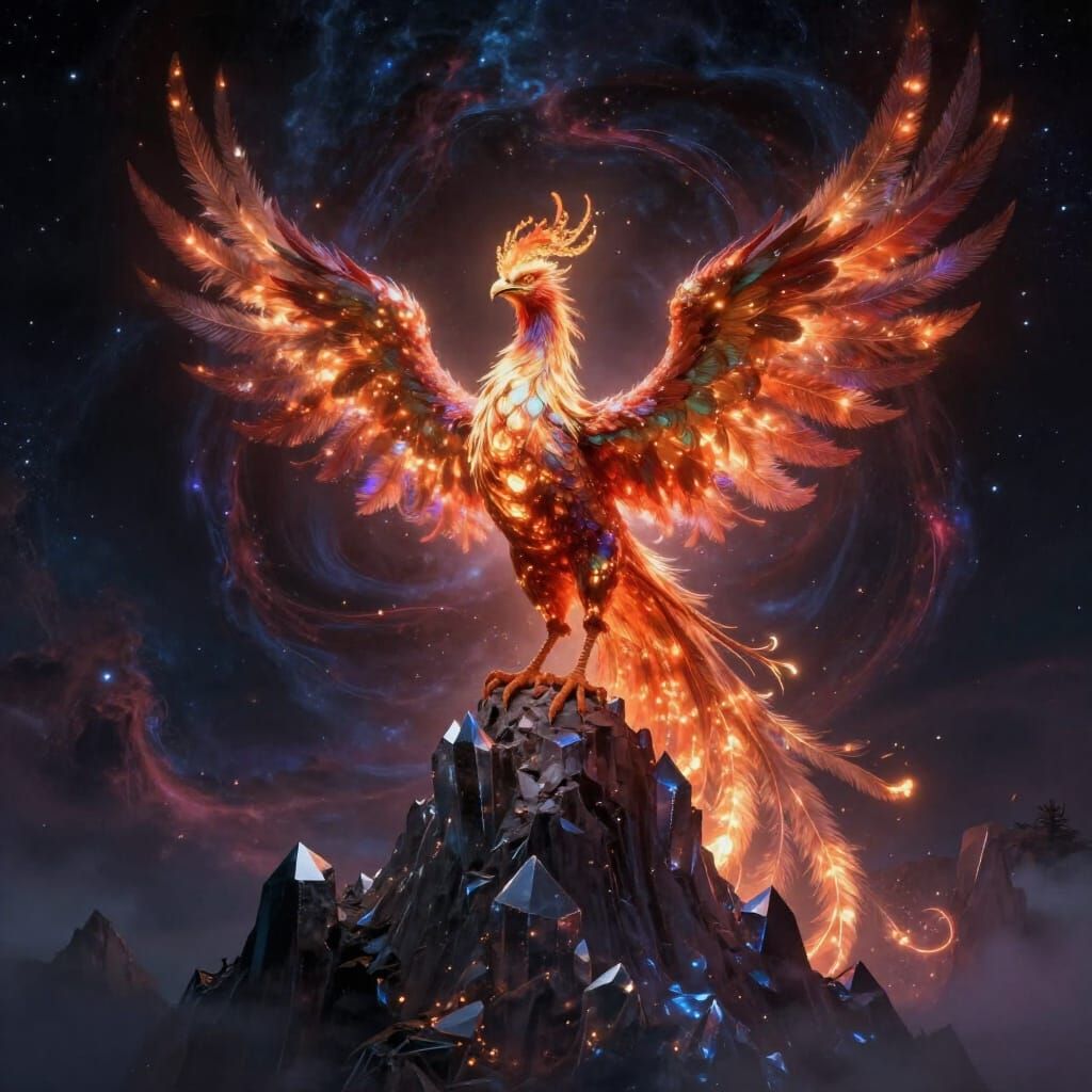Majestic Phoenix on Crystalline Peak with Swirling Nebula