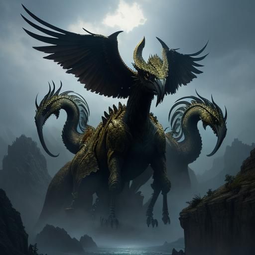 Bird-like Hydra with Three Heads in Digital Painting