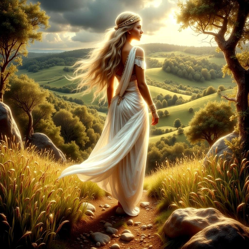 Ethereal Goddess in a Vibrant, Dreamlike Digital Landscape