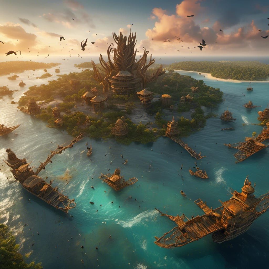 Tropical Atoll Sunrise: Detailed Fantasy Matte Painting
