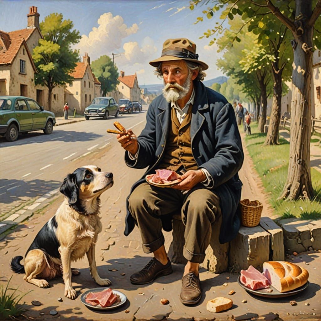 A classical style oil painting depicting a tramp and his lit...