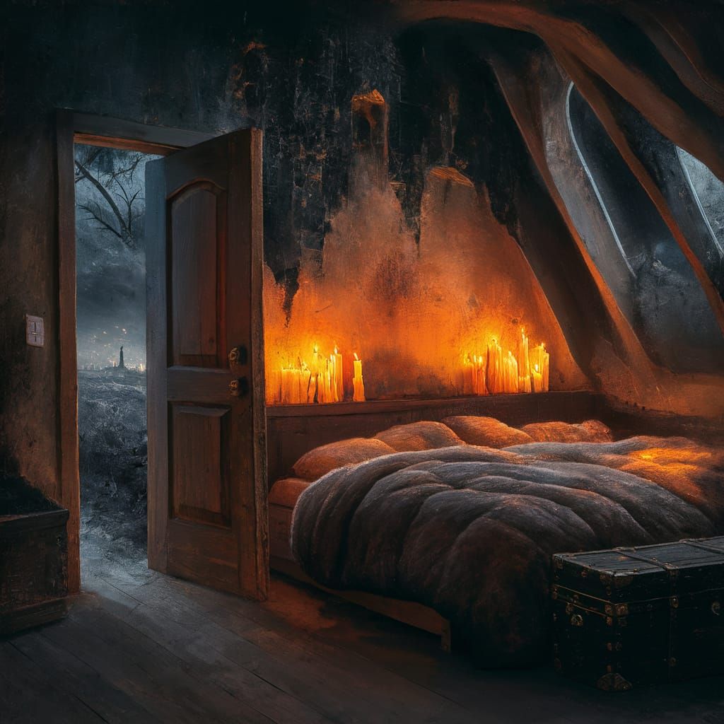Candlelit Bedroom Painting with Aged Walls