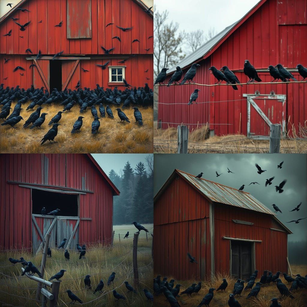 Rustic Red Barn in the Shadows of Dark Silhouettes