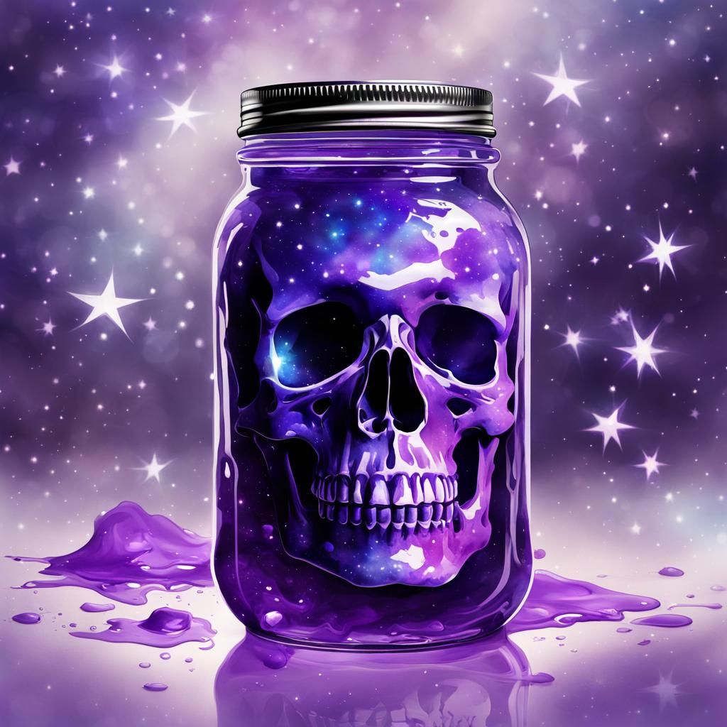 Translucent Purple Skeleton Emerges from Galaxy Jar
