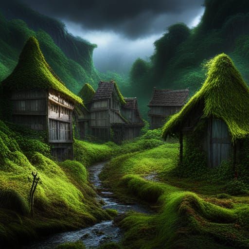 Rainforest Village Covered in Vines, Matte Painting