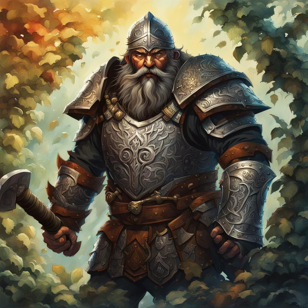 Hammer-Wielding Dwarf in Silver Armor, Hyperrealistic Art
